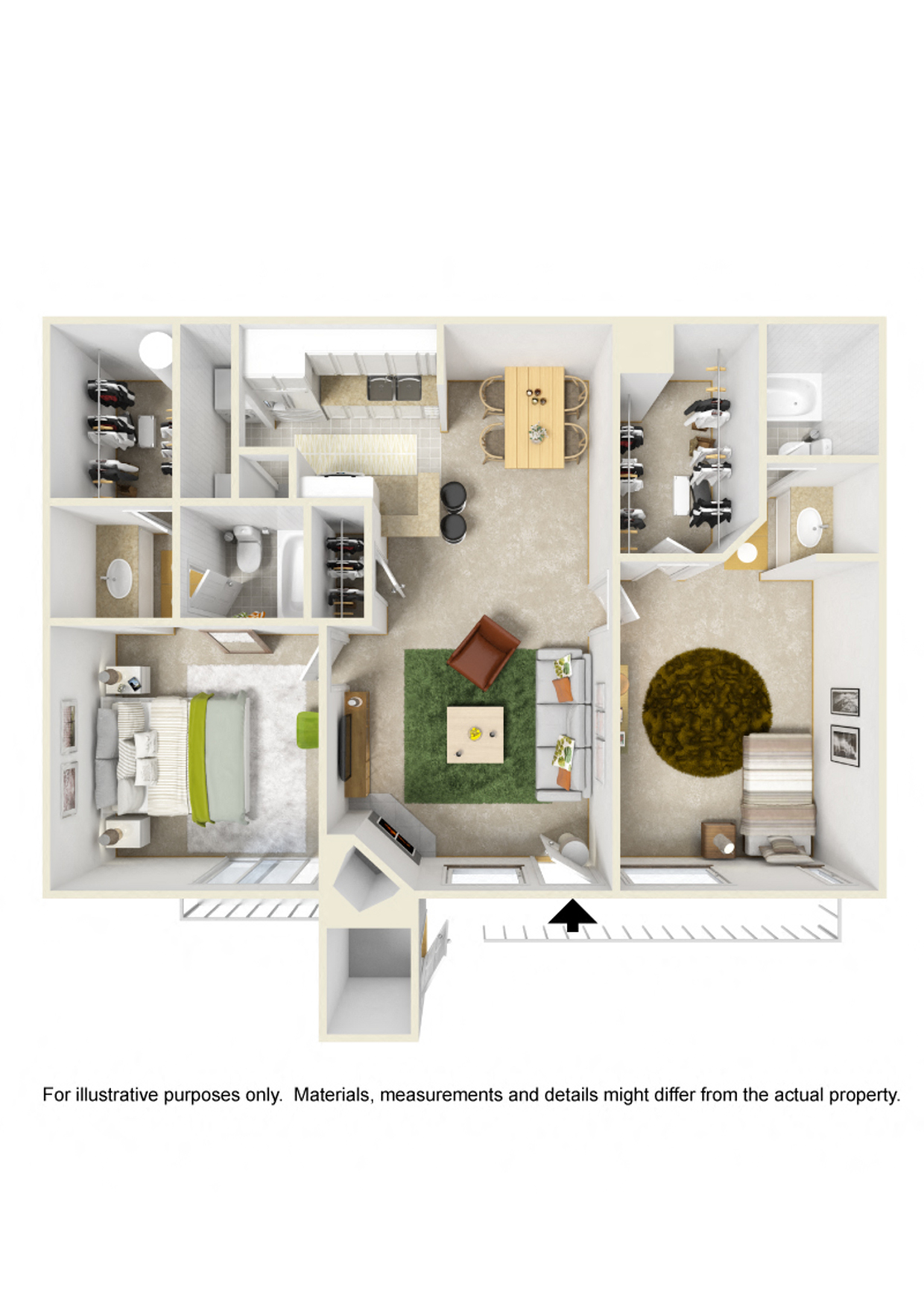 Floor plan for 2 beds, 2 baths, 1070 sqft
